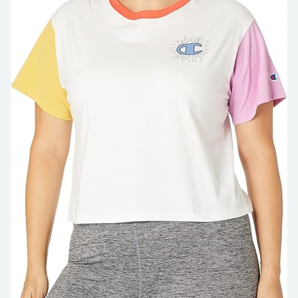 Champion Womens Colorblock Ringer Boxy Crop Top Sunburst Logo 2X streetwear